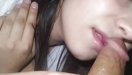 beautiful teen giving a deep blowjob to a good cock and then fucking in different positions that small and tight pussy is