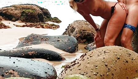 Beach fucking blowjob and wife Tits cum in a public outdoor sea beach