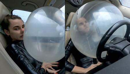 Nastya is stuck in the airbag and wants to rub her face and body on it
