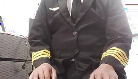 Horny Pilot rubbing and masturbating his big cock after his training