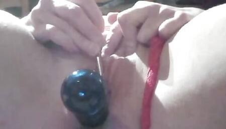 Fucking My Cunt with my Big Blue Glass Toy
