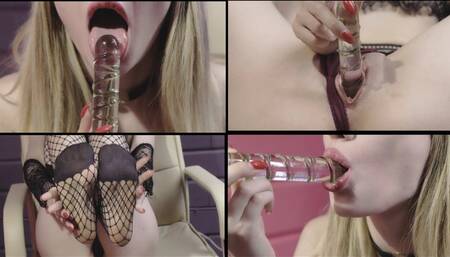 Stockings & glass dildo for my mouth and creamy hole!
