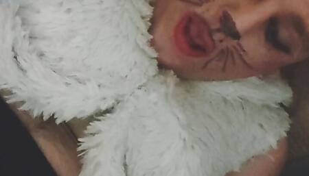 Cute cat sissy Nikola after dildo Play takes off her chastity cage and cums on own face