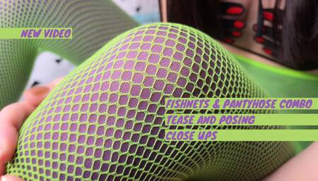 Green fishnets on purple tights trying on teaser