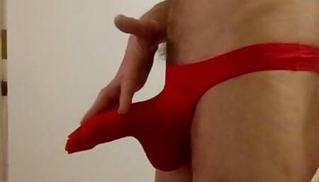 Masturbation in elephant trunk G string with fake vagina