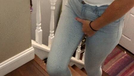 Almost made it! Scarlet has a real accident in her jeans!