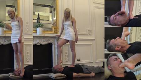 BARBIE - Lick my feet while I stand on your throat! - EXTREME throat and face standing, foot domination, foot gagging