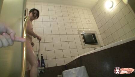 Nobuko wants to clean her petite body before letting her man play with her cunt