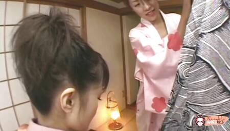 Two horny asian girls invite a guy to drill their hairy tught pussy in threesome