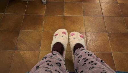 Running away I lose my pink furry mule house slipper and I walk barefoot in the ground