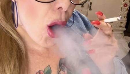 Red Marlboro - Deep Inhales, Triple pumps, Nose exhales, Long drag, Smoke rings, Coughing, Crush - Jeans pants and jacket, Vinyl top, All star converse sneakers, Lipgloss, Long red nails, Makeup