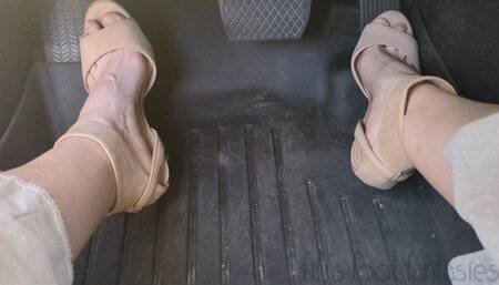 Fifi pedal pumping barefoot in nude suede ankle strap high heels