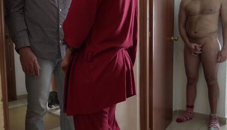 horny amateur wife seduces 18 year old delivery boy in front of cuckold husband