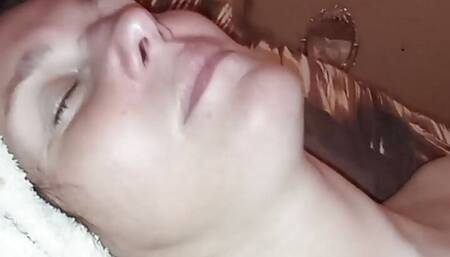 naked and tired wife, after a shower, fucks her husband in the country.