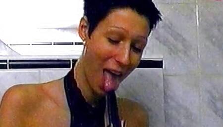 Slender lady from Germany masturbating before going in the shower