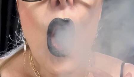 Close-up - Pov - Red Marlboro - Come closer and I will breathe in your face - Deep Inhales, Triple pumps, Smoke rings, Cough, Heavy makeup, Black lipstick, long nails, PVC Vinyl