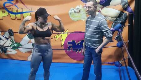 Belorussian female bodybuilder lifts a tall skinny guy