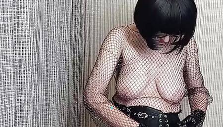 Amater mom exhibitionist Bixanie with latex gloves reveal big natural saggy tits in sheer transparent fishnet blouse