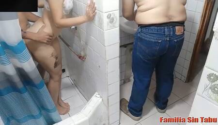 Perverted stepmom her stepson in the bathroom when her husband almost caught them