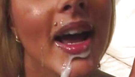 After having her booty creampied the blonde squeezes out the hot load to taste it