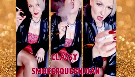 Classy SmokerQueenJoan in Leather, shiny Pantyhose and long red Nails