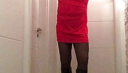 Nicki-Crossdress in a sexy red Mini-Dress, Tights & Boots