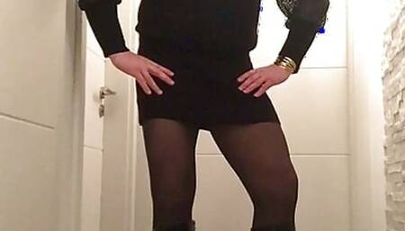 Nicki-Crossdress in a sexy black Mini-Dress, Tights & Boots