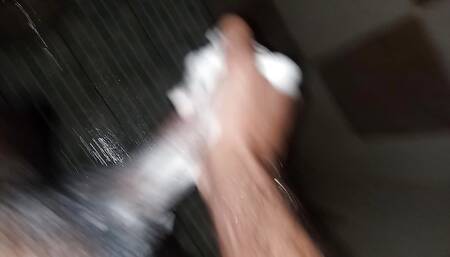 Breast pump boy2 takes his time in the shower with a while waiting outside the bathroom