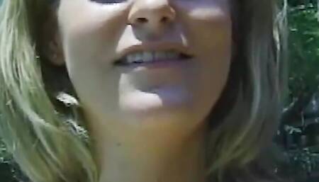 A blonde chick with hairy cunt and big fake tits drilled outdoors by the pool