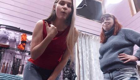 Two barefoot girls toy trampling