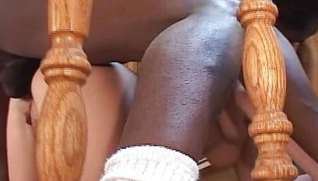 Black guy pump deep all tight holes of a sexy white student on the stairs