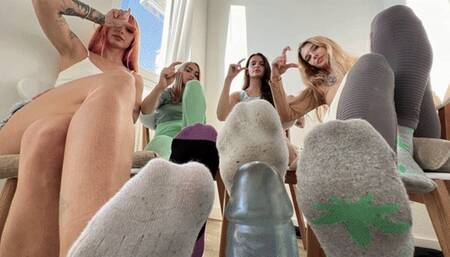 POV Small Cock Humiliation, POV Footjob, POV Socks and Bare Feet Fetish With Four Mistresses (MP4 HD 720p)