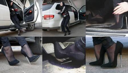 Long-legged Beauty in very high heels pedal pumping and walking