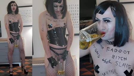 Sissy Whore in PVC and High Heels Drinks Her Own Piss
