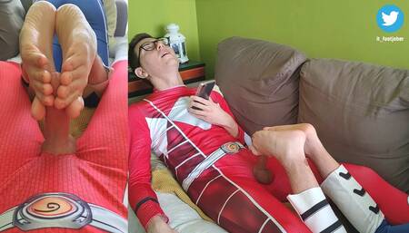 The red ranger gets a footjob, the blue ranger gets a sockjob in white Nike socks
