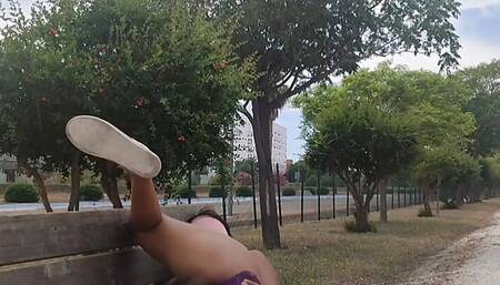 Cute skinny Latina, naked, masturbation with dildo, on a Public Park Bench