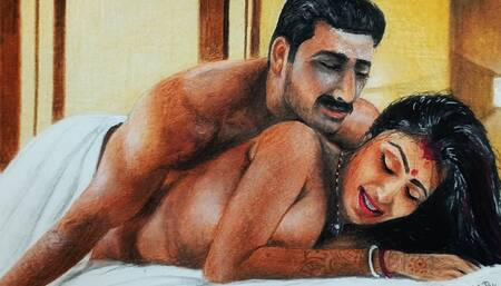 Erotic Art Or Drawing Of a Sexy Bengali Indian Woman having "First Night" Sex with husband