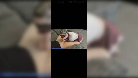 Cute girl sucks cock on the sofa