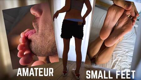 Very familiar scene when stepdaughter shows me new sneakers and then handle my cock with her small feet