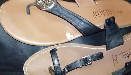 Cum on my stepsister's sandals with black leather pillow