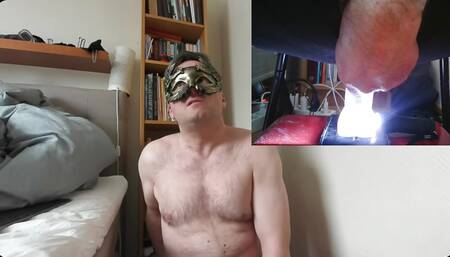 Riding illuminated dildo with strapped cock