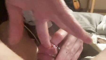 I finger my boyfriends dick while in a chastity cage to a ruined orgasm with his loud screams in the background