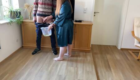Fat mother-in-law pees like an animal and son-in-law watches and jerks
