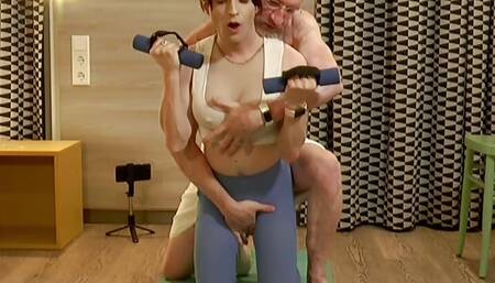 Tranny Girl has Gym session with his dom - the hardest workout ever!