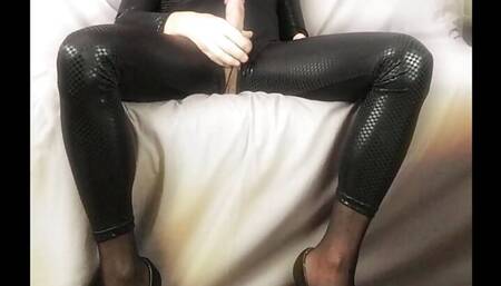 Hot Sexy Crossdresser Shemale Mistress Vinyl Latex Catsuit Masturbation Nice Cock