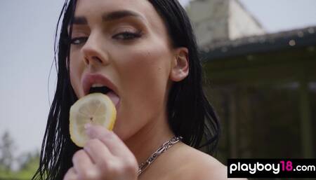 Big boobed naked babe selling lemonade
