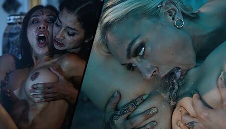 Possesed babes scissor and eat each other out in a lesbian fuck fest