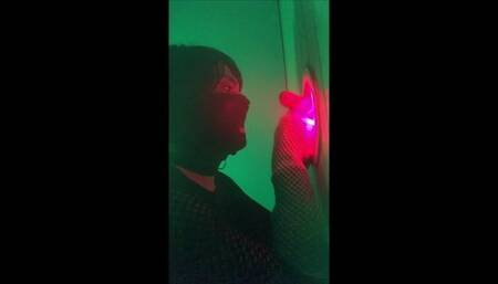 Femboy sissy Lisa Rhea sucking two cocks thru gloryhole eating 2 loads cum facial