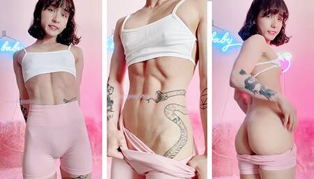 Cute and petite Asian muscle girl flexes and flashes her tits and pussy