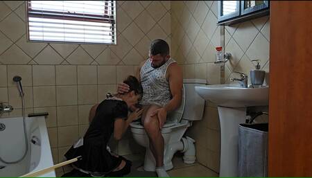 French maid gives BLUMKIN,CUM shot after gagging